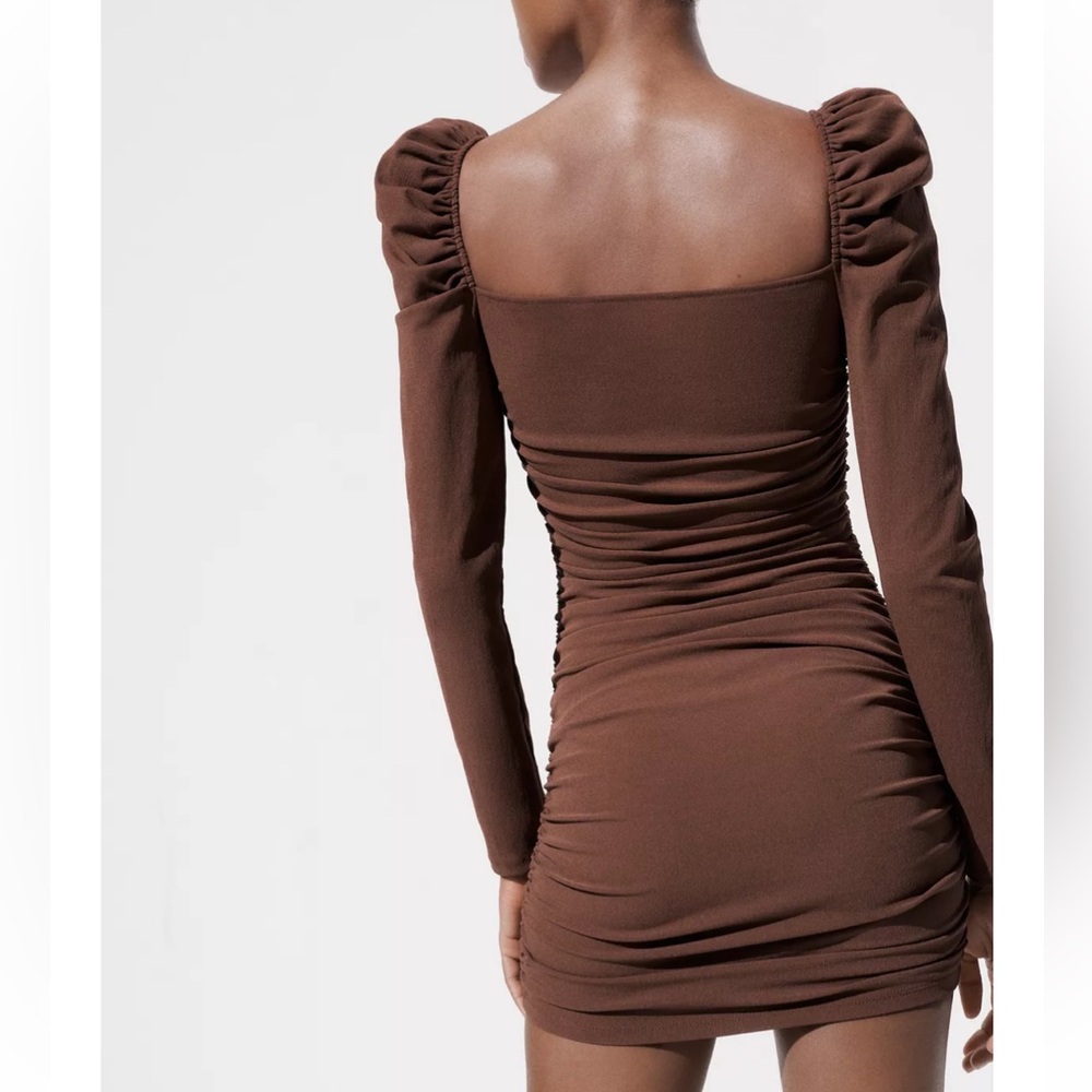 Zara NWT brown long sleeve mini ruched dress - Picture 4 of 10